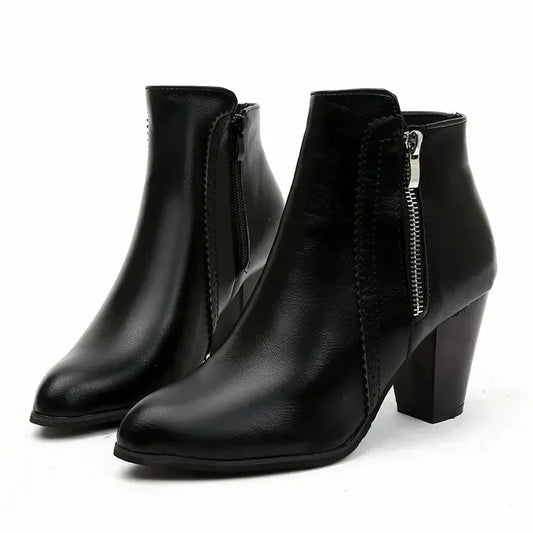 Women’s Faux Leather Ankle Boots | Chunky Block Heel, Side Zipper, Round Toe, Classic Dress Booties – Black & Cognac Brown