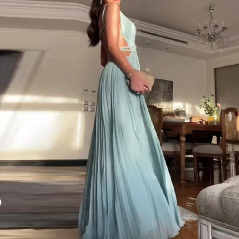 Elegant Pleated Maxi Dress – Available in Black, Peach, and Light Blue