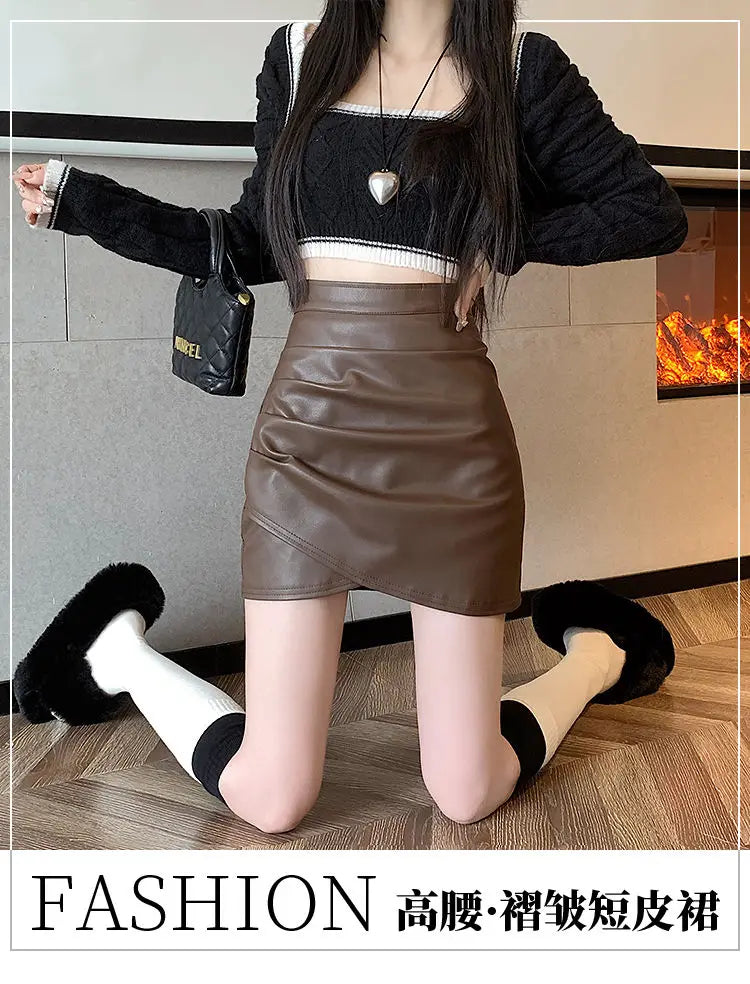 High-Waist Faux Leather Bodycon Mini Skirt – Ruched Slim Fit PU Leather Wrap Skirt for Women