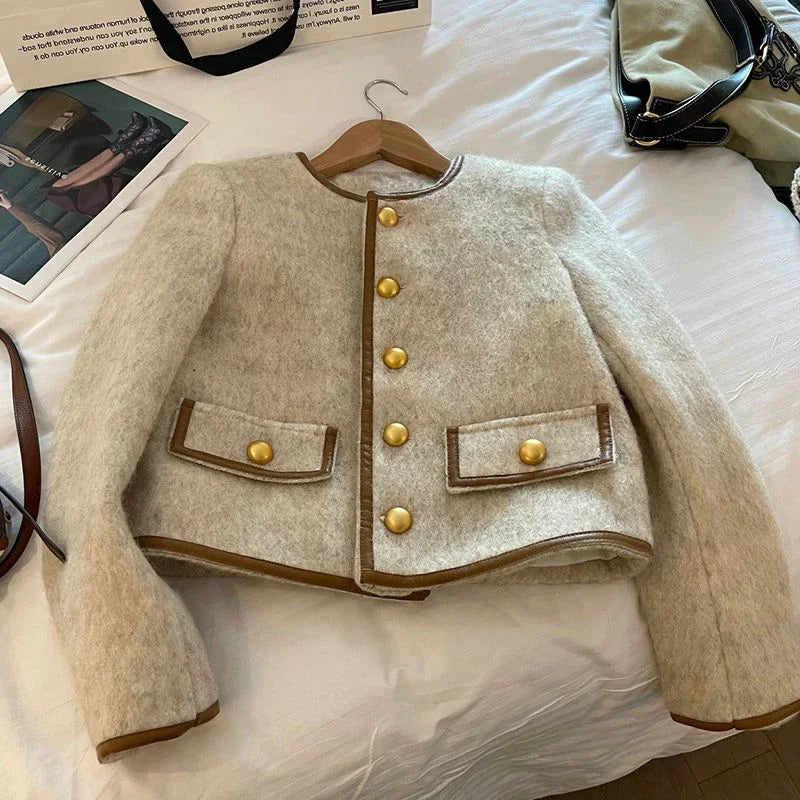 Elegant Cream Wool Cropped Jacket for Women – Vintage-Inspired Button Front Coat