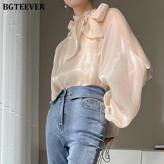 Elegant Ivory Bow Neck Blouse for Women – Long Sleeve Satin-Effect Loose Fit Top