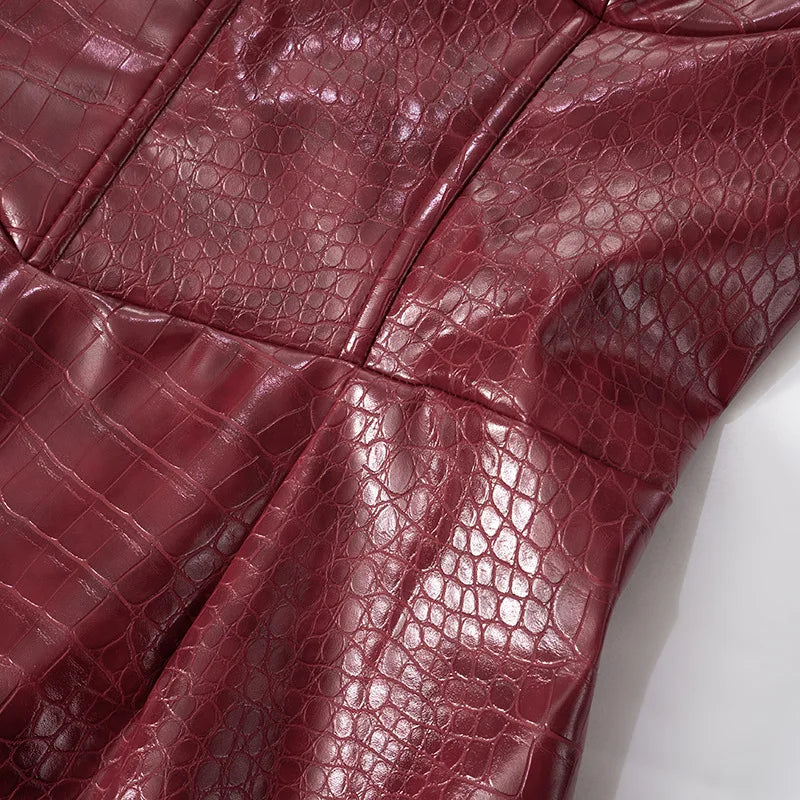 Luxury Strapless Crocodile-Embossed Faux Leather Mini Dress in Bronze & Burgundy