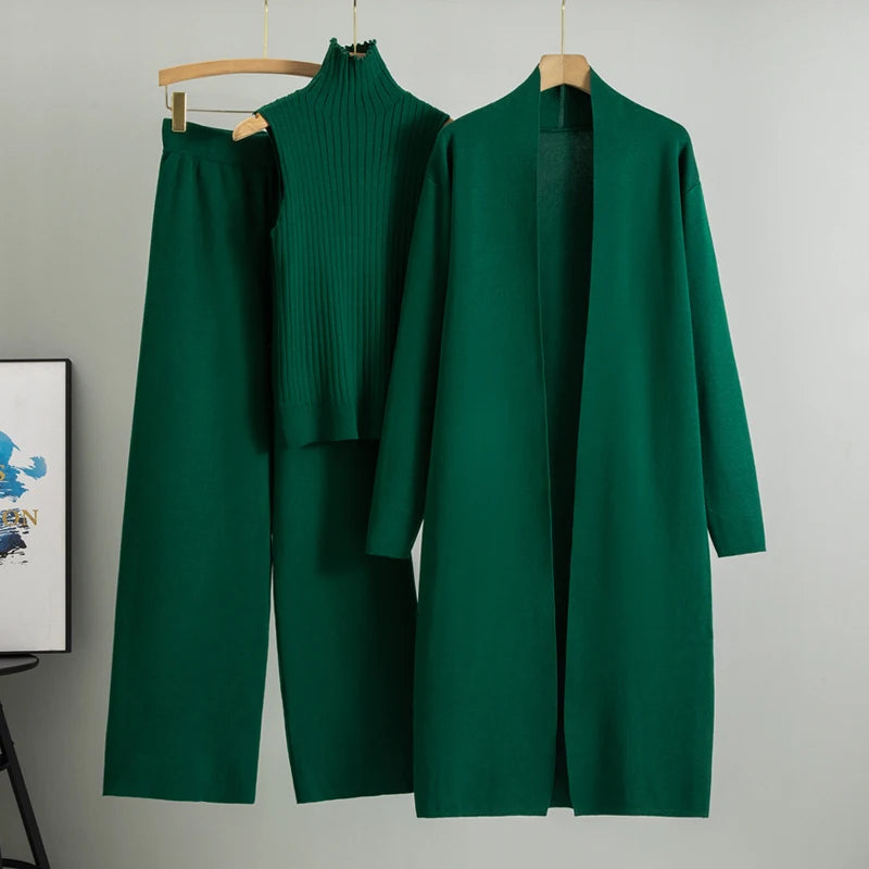 Women’s 3-Piece Knit Cardigan Set | Long Open-Front Coat, Sleeveless Turtleneck Top & Wide-Leg Pants | Fall Winter Lounge & Office Outfit