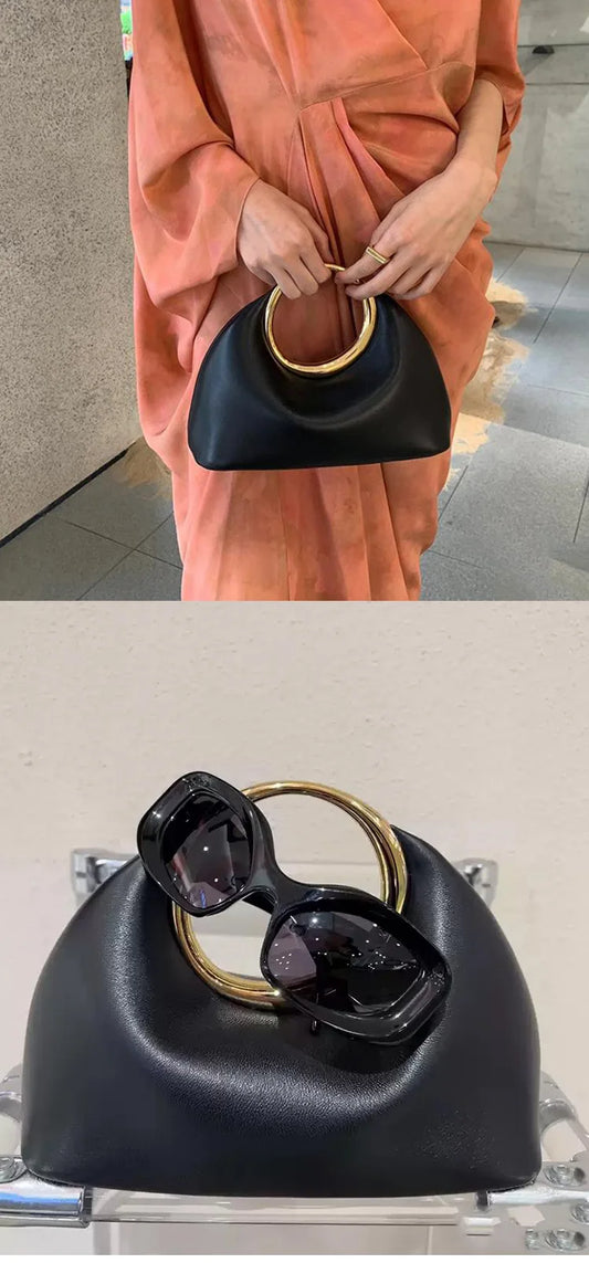 Luxury Sculpted Black Handbag with Gold Circular Handle – Modern Statement Top Handle Purse for Women