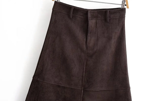 Coffee Suede Textured Half Skirt/Female High Waisted A-Line Fashion Midi Half Skirt.