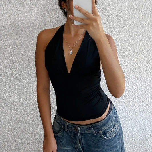 HXAO Halter Top Off Shoulder Deep V-Neck/Cropped Backless Tank Top.