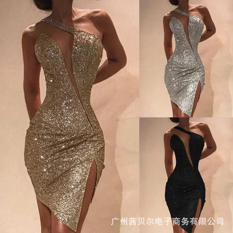 One-Shoulder Split Midi Dress – Elegant High-Stretch Satin Look | Modern Blend Boutique
