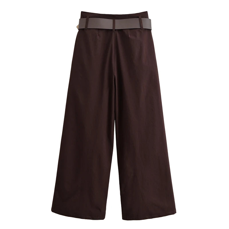 Fashion Retro Brown Pleated Pant’s/High-Waist Slimming Wide-Leg Pants with Gold Circle Belt.
