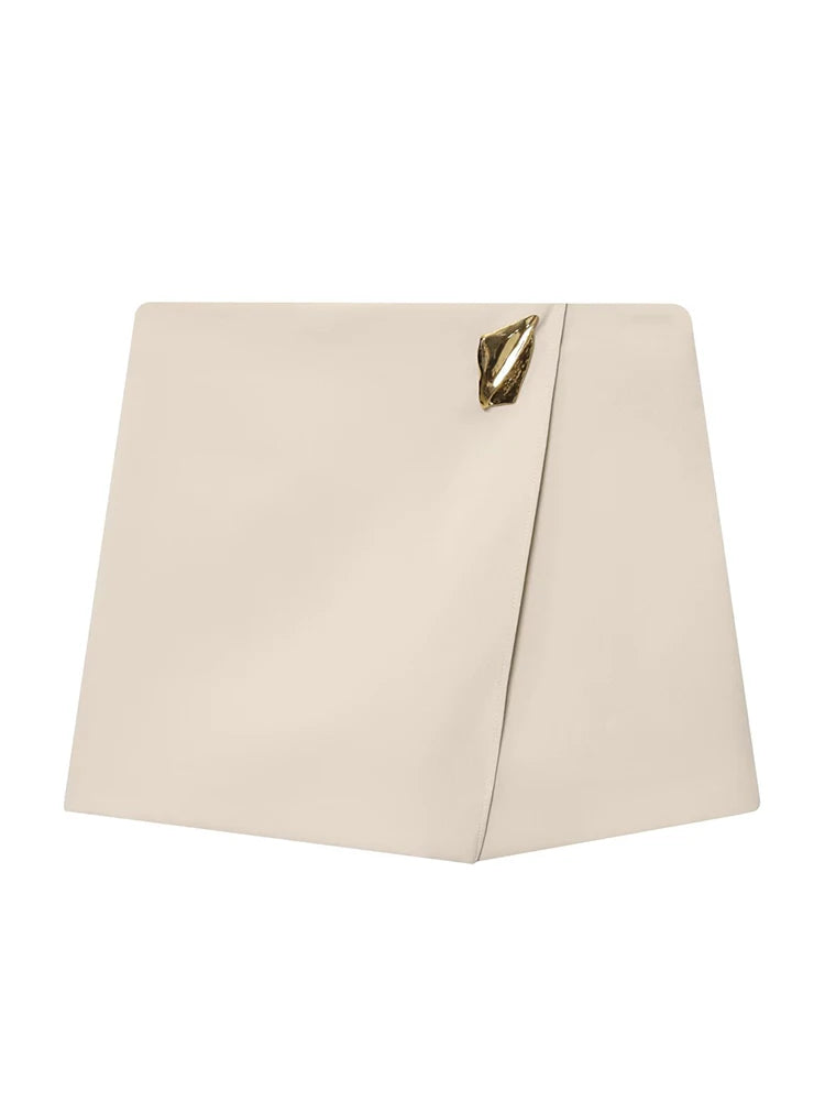 Asymmetrical Gold Decoration Short Skirts/Women Elegant Skirts/Solid High Waisted Skirt.