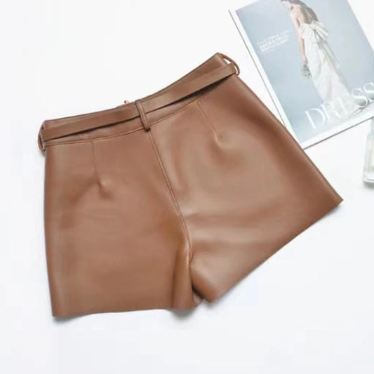 Real Sheepskin Leather Shorts for Women – 2026 New Arrival Casual Genuine Leather Shorts with White Belt, High-Quality Sheepskin, Versatile Summer & Street Style