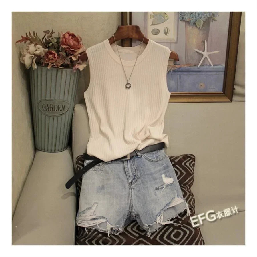 Solid Knitted Sleeveless Shirt/O-neck Blouse Shirt/Low Rise Tops.