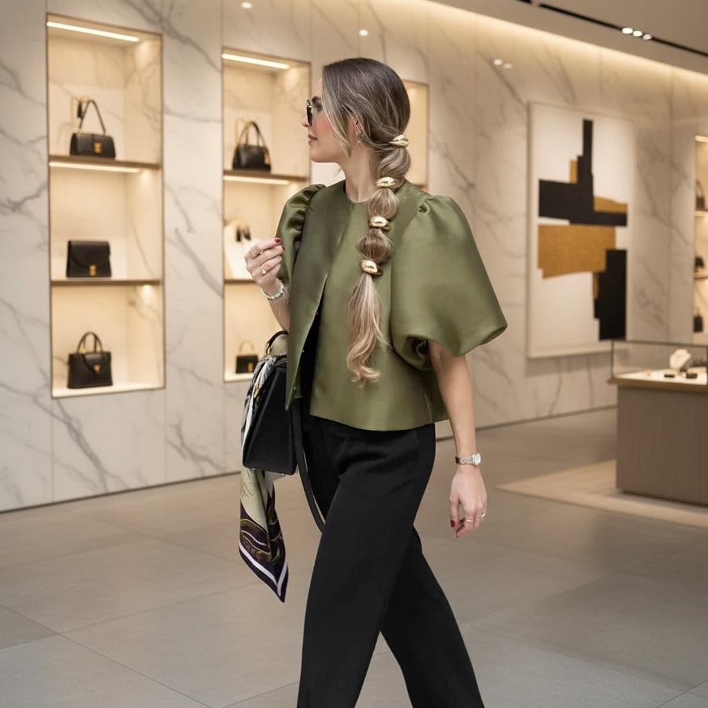 Solid Puffed Up Satin Blouse/Stylish Balloon Sleeved O~Neck Design/Single Breasted Loose Fitted Blouse.