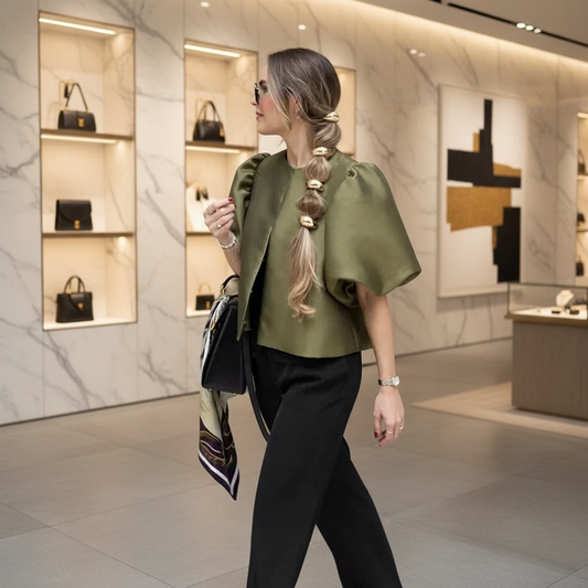 Solid Puffed Up Satin Blouse/Stylish Balloon Sleeved O~Neck Design/Single Breasted Loose Fitted Blouse.