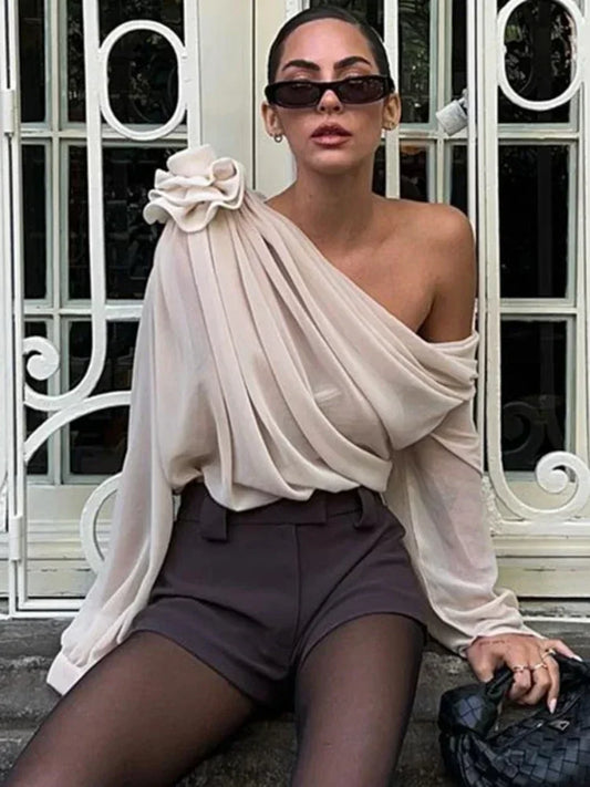One Shoulder Pleated Asymmetrical Shirt/Long Collar Sleeve ed/Elegant Tops/Blouse Shirts Female 3D Flower Shirts Corset Top.