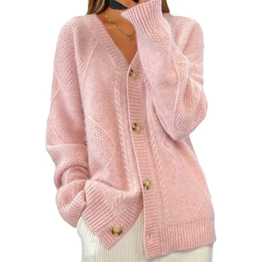 Solid Color Long-Sleeved  V Neck Knitted Cardigan/Breasted Women Top Fashion/Jacquard Sweater Versatile Coat Female.