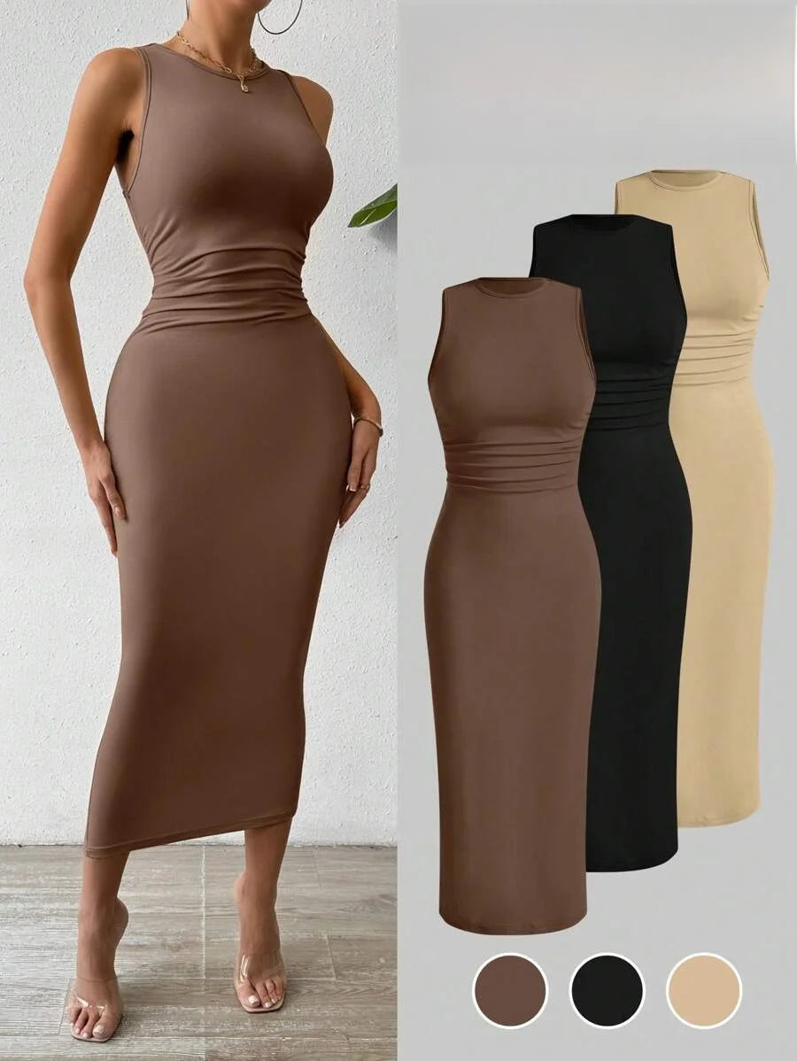 Modern Blend Boutique | Sculpted Suede Midi Dress – High Neck Bodycon Waist Cinch Elegant Minimalist Dress (3 Color Set Available, In packs)