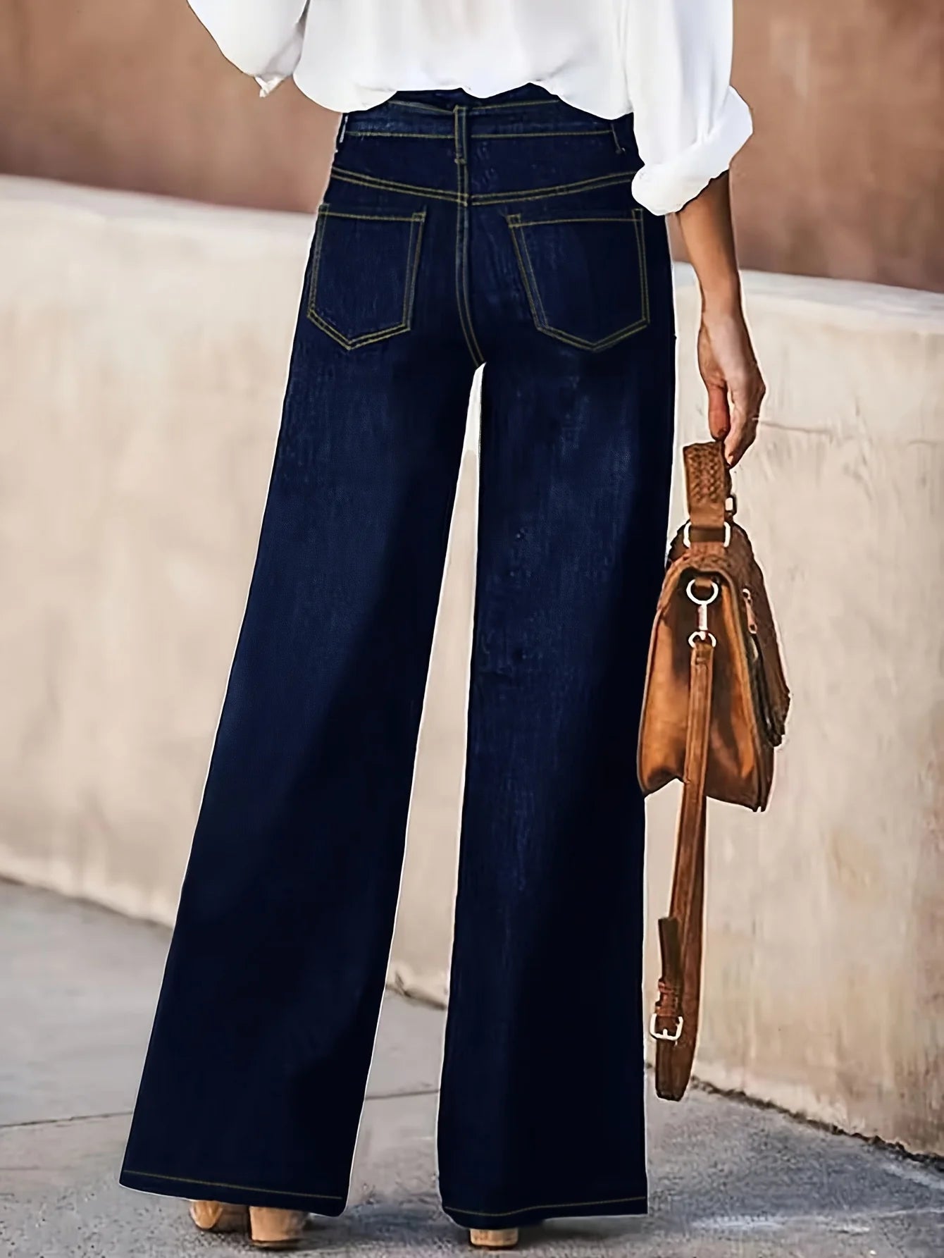 High-Waist Wide-Leg Denim Trousers with Tie Belt – Dark Wash Elegant Jeans