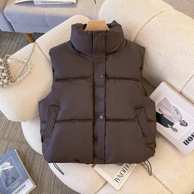 Turn DownCollar/Winter Short Down Cotton Sleeveless Vest Women's/Simple Solid Pockets Coats/Cold Resistant Waistcoat Drawstring Vest.