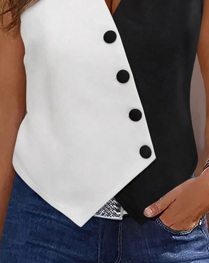 Button Block Diagonal Commuter Vest/Latest Casual Style Colorblock Button V-Neck Sleeveless Daily Versatile Vest Top.