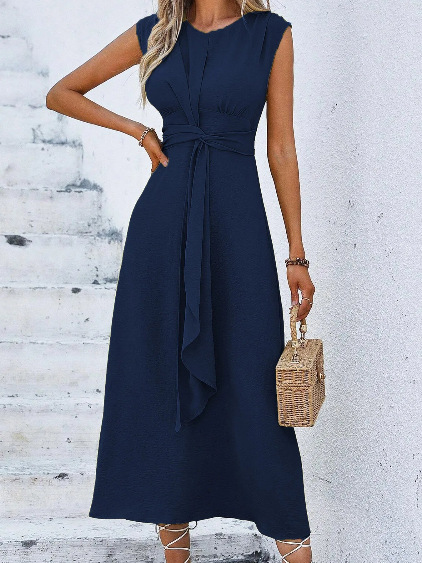Elegant Sleeveless Waist Tie Midi Dress for Women – Romantic Vacation A-Line Summer Dress | Casual Chic Date Night Outfit | Modern Blend Boutique