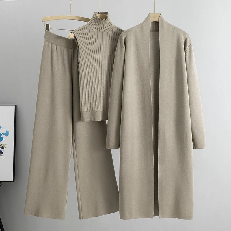 Women’s 3-Piece Knit Cardigan Set | Long Open-Front Coat, Sleeveless Turtleneck Top & Wide-Leg Pants | Fall Winter Lounge & Office Outfit