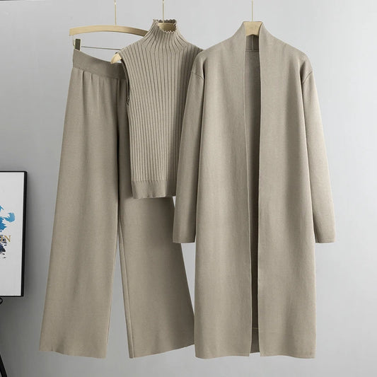 Women’s 3-Piece Knit Cardigan Set | Long Open-Front Coat, Sleeveless Turtleneck Top & Wide-Leg Pants | Fall Winter Lounge & Office Outfit