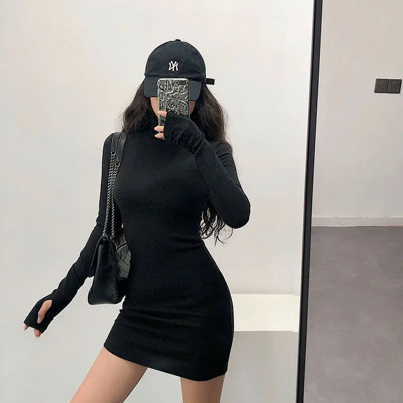 Stylish Solid Turtleneck Dress/Tight Fitting Long Sleeve European Body~Con Dress.