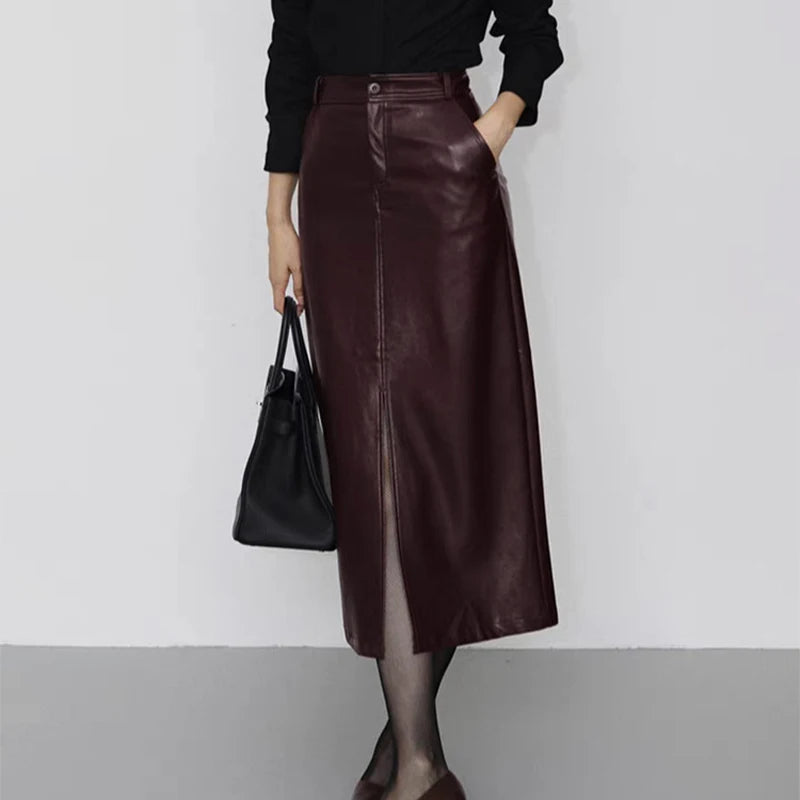 Genuine Sheepskin Leather Front-Slit Midi Skirt
