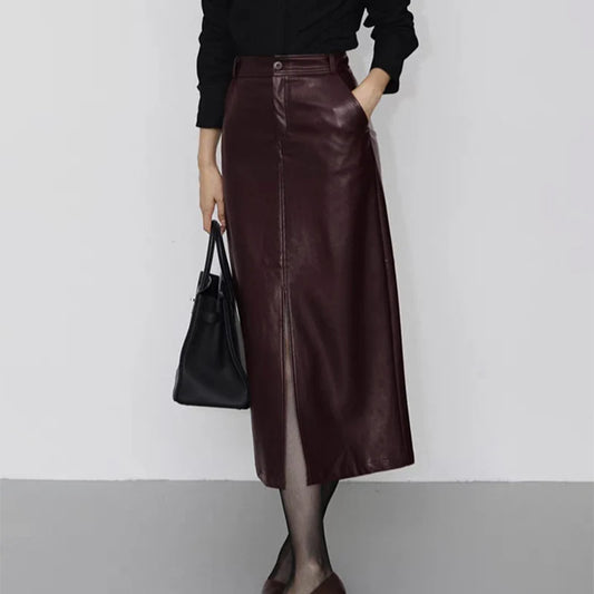 Genuine Sheepskin Leather Front-Slit Midi Skirt