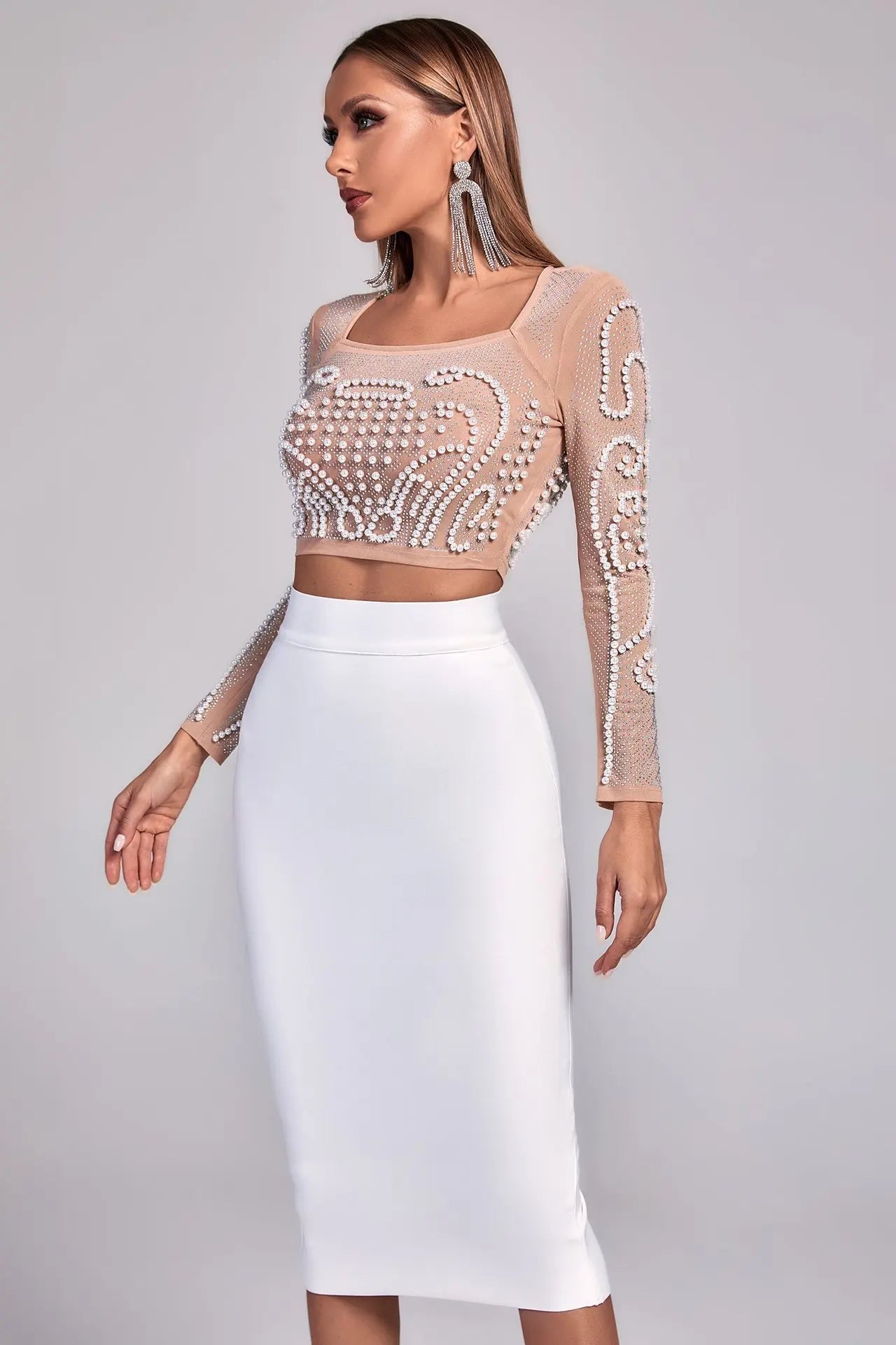 Luxe Pearl Embellished Crop Top & Midi Skirt Set