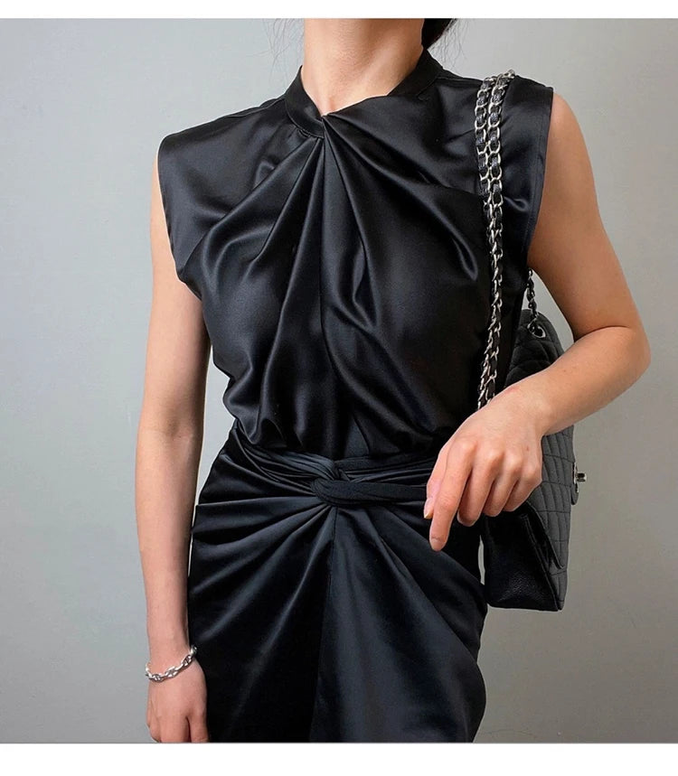 Women’s Satin Twist-Neck Sleeveless Blouse – Elegant Draped Office & Occasion Top