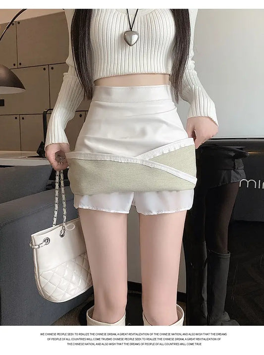 High-Waist Faux Leather Bodycon Mini Skirt – Ruched Slim Fit PU Leather Wrap Skirt for Women
