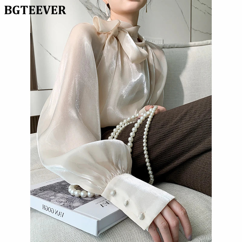 Elegant Ivory Bow Neck Blouse for Women – Long Sleeve Satin-Effect Loose Fit Top