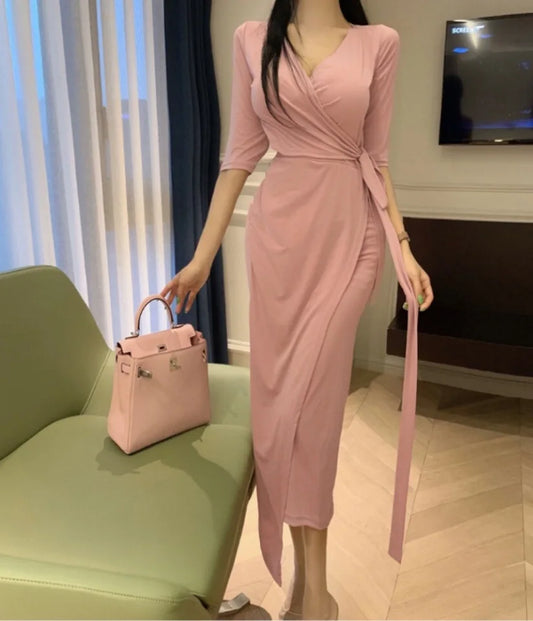 Slimming V-Neck Belted Maxi Dress.
