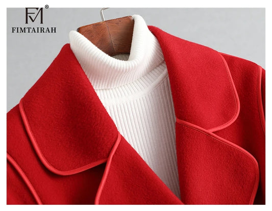 Women’s 100% Merino Wool Long Wrap Coat – Luxury Double-Breasted Style, Wide Lapel Collar, Belted Waist, Elegant Winter Outerwear