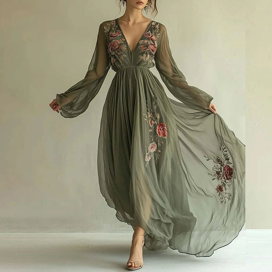 Seamless Modern Designed Dress/High Sleeve Waist Evening wear. V~Neck Floral Printed.