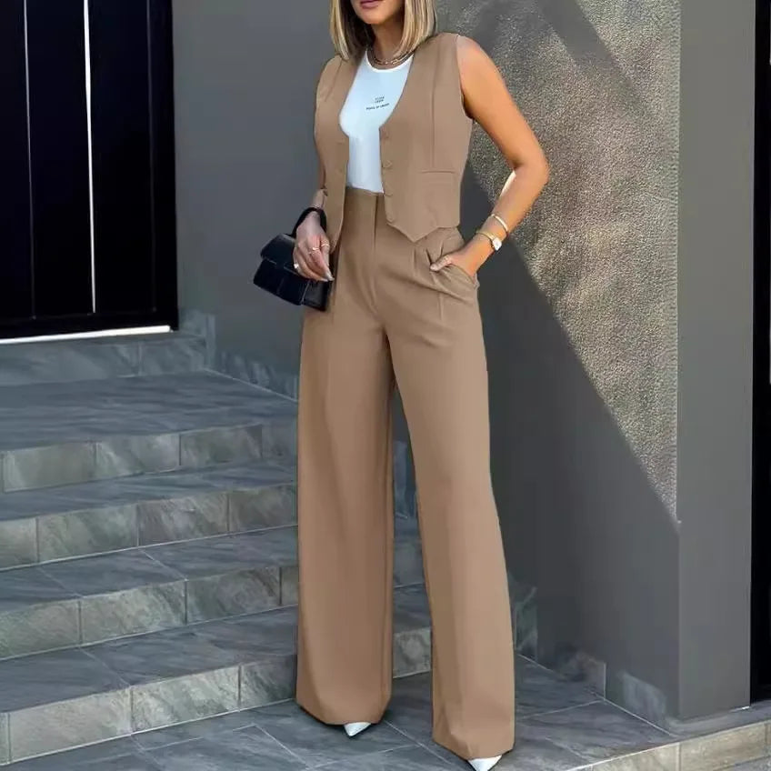 Trousers Suit Women's Vest Suit/Elegant Loose Regular Work Suit/High Waist Wide-leg Trousers 2-piece Street Suit.