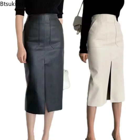 Modern Blend Boutique Women’s High-Waisted Faux Leather Midi Pencil Skirt – Elegant Front Slit, Slim Fit PU Leather Skirt, Timeless Chic Office & Evening Wear