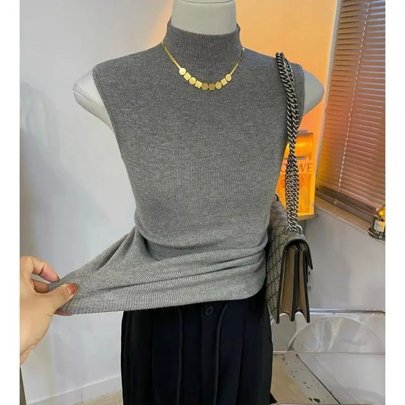 Knitted turtleneck sweater/Women Half High Collar Fashion/Autumn Basic Slim Sleeveless Sweaters/All-match Ulzzang Leisure Knitting. Popular Slightly Stretch.