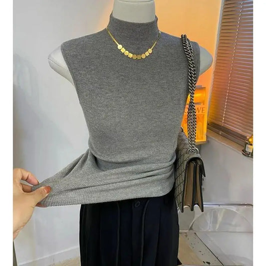 Knitted turtleneck sweater/Women Half High Collar Fashion/Autumn Basic Slim Sleeveless Sweaters/All-match Ulzzang Leisure Knitting. Popular Slightly Stretch.