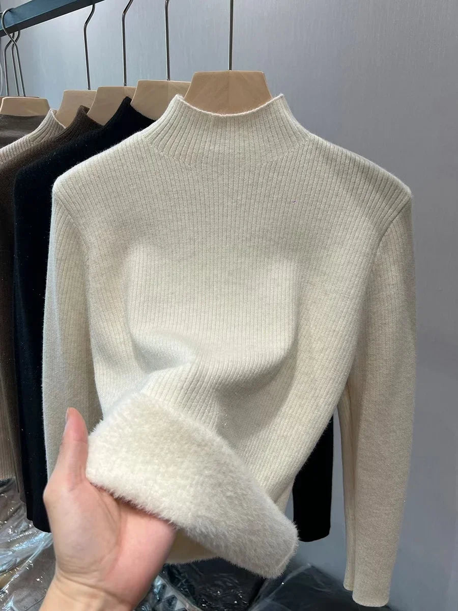 Solid Neck FleeceTurtleneck/Winter Sweater Women Elegant/Thicken Velvet Lined Warm Sueter Knitwear Jumper.