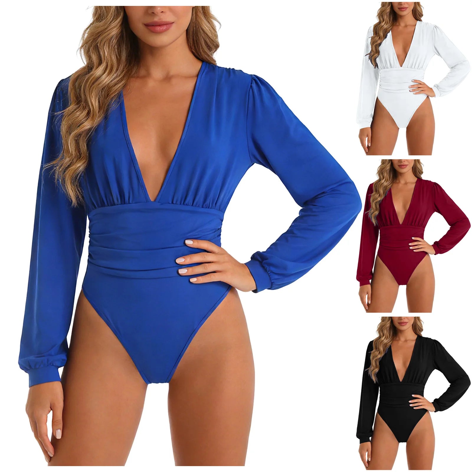 Women’s Ruched Deep V Neck Long Sleeve Bodysuit – Sexy Fitted Plunge Leotard Top