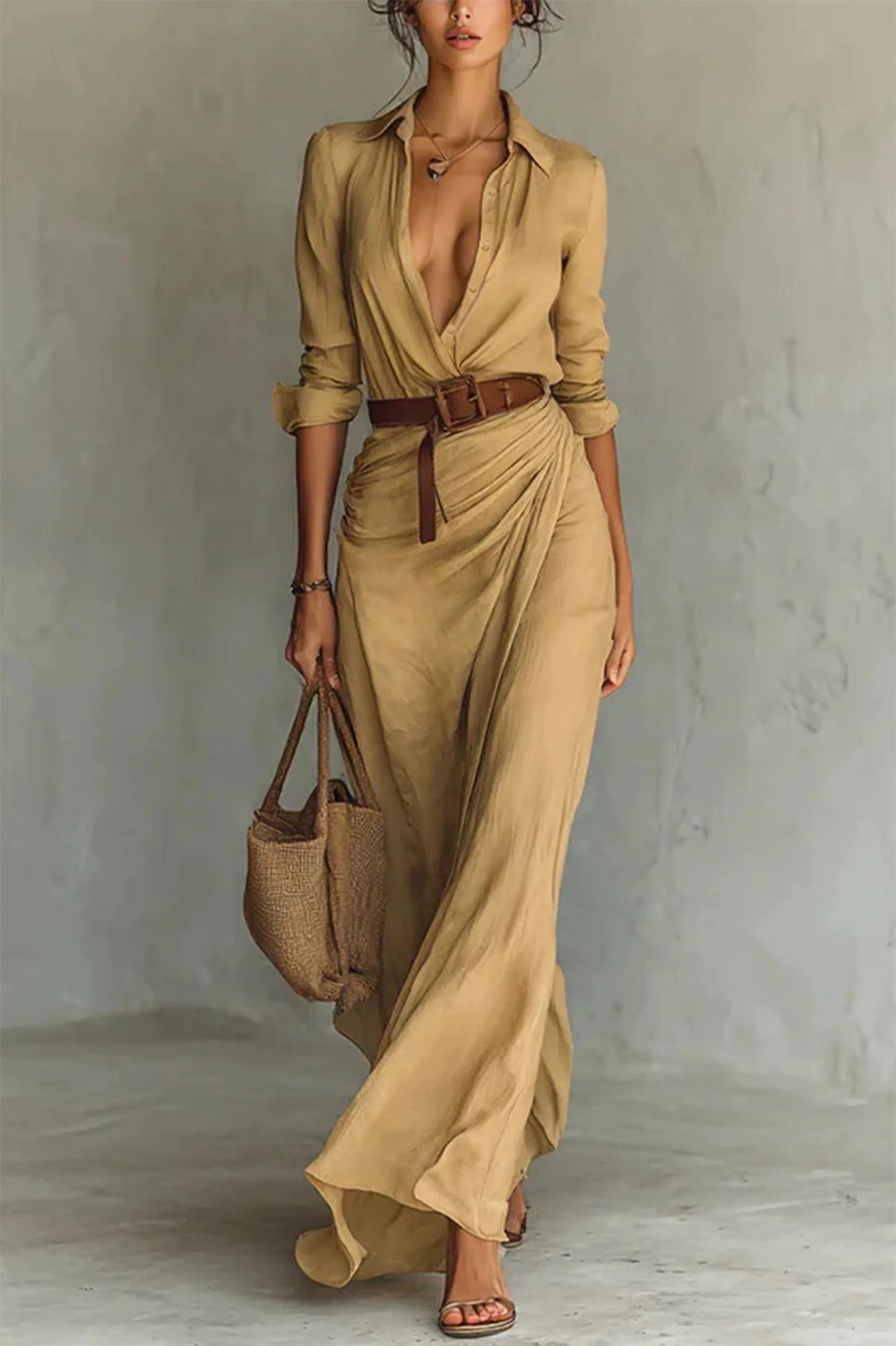 Fashionable Solid Elegant Dress/Lapel Button Draped Dress/Long Dress Casual Long Sleeve Match With Belt Shirt.