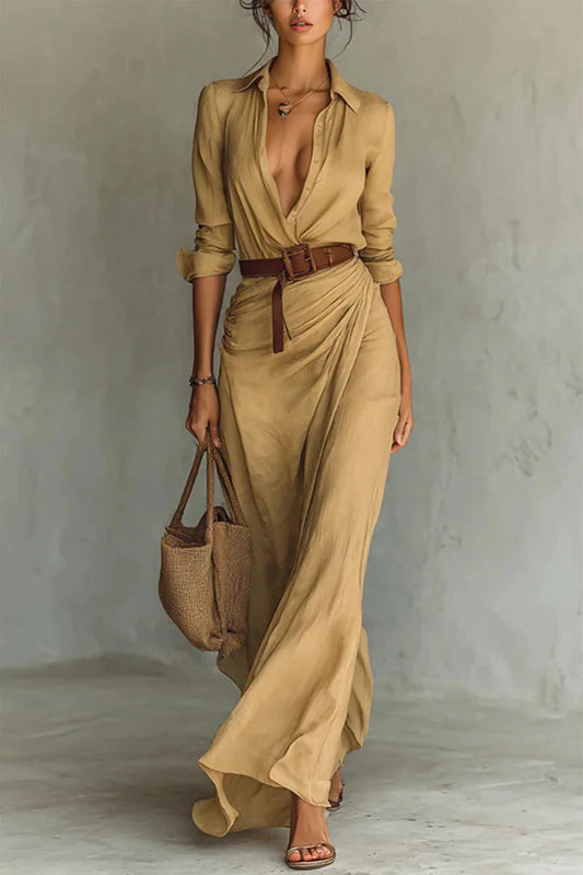 Fashionable Solid Elegant Dress/Lapel Button Draped Dress/Long Dress Casual Long Sleeve Match With Belt Shirt.