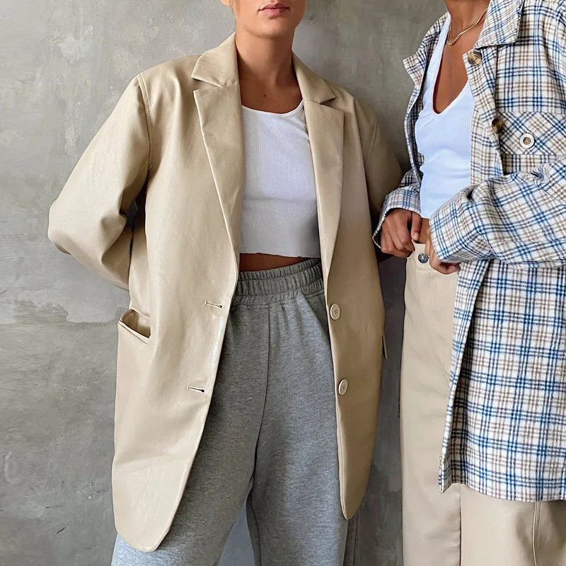 Women’s Oversized Vegan Leather Blazer – Single Breasted Faux Leather Jacket with Pockets