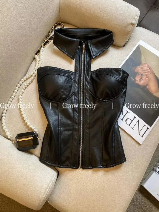 Luxury Halter Neck Corset Bustier Top with Collar & Front Zipper – Champagne Beige & Chocolate Brown Faux Leather Sculpted Top