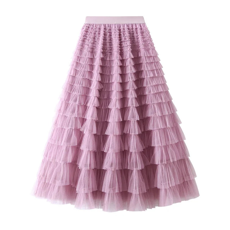Elegant Layered Mesh Skirt For Women/High-Waisted Puff Skirt/Dropped A~Line/Appliqués Decorative Loose Fitted Skirt.