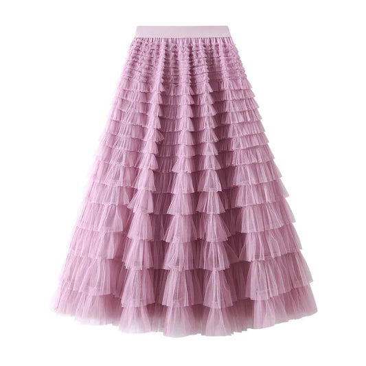 Elegant Layered Mesh Skirt For Women/High-Waisted Puff Skirt/Dropped A~Line/Appliqués Decorative Loose Fitted Skirt.