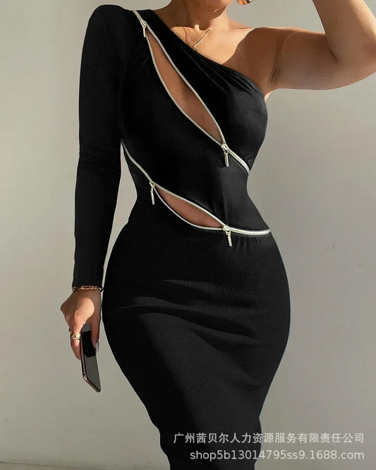 Appealing hot Lace Splicing Long-sleeved Slim Long Dress High Waist.