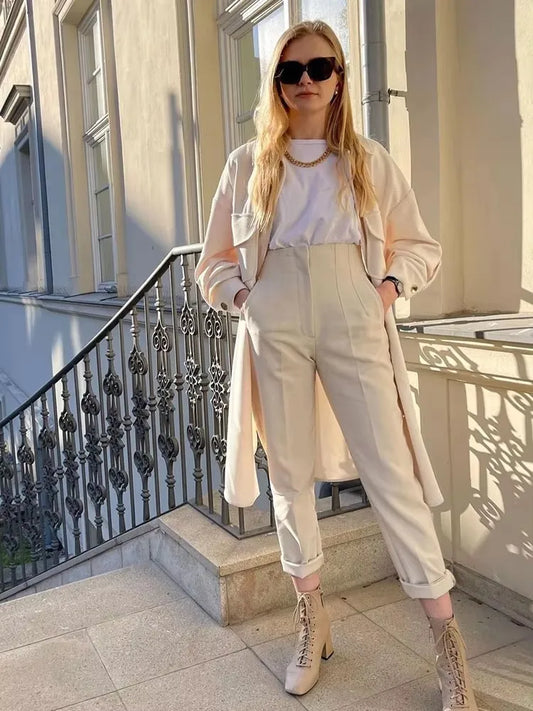 Solid HH Flat Front Pencil Pant’s/High Waist Casual Streetwear/Woven  Trouser’s Office Wear Chic Pant’s.